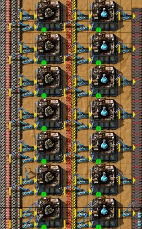 An image from the game Factorio showing two identical production lines side by side, each with robotic arms and conveyor…