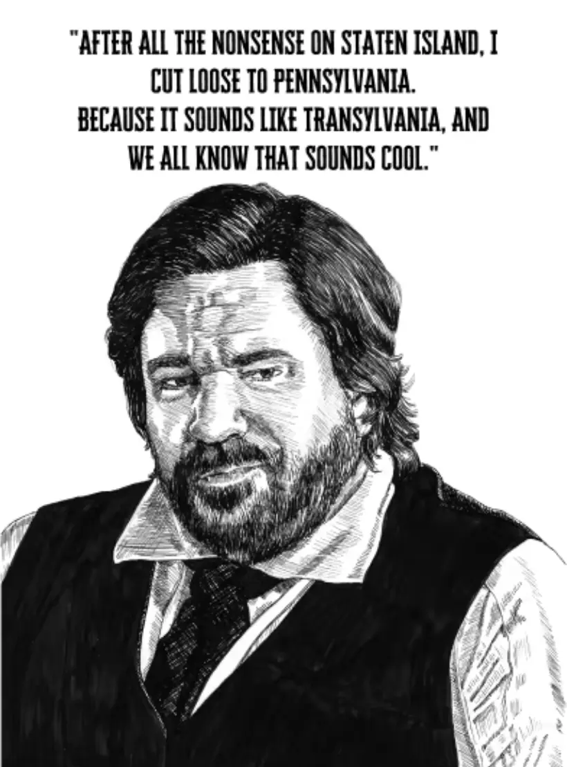 A black-and-white sketch of a man with a beard and mustache, wearing a vest and tie, looking slightly smug. The text…