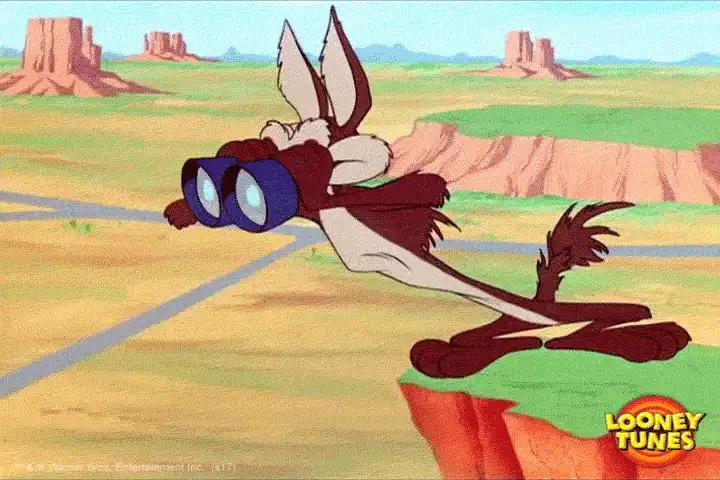 A Looney Tunes cartoon sequence shows Wile E. Coyote standing on a cliff edge, initially holding binoculars, then switching…