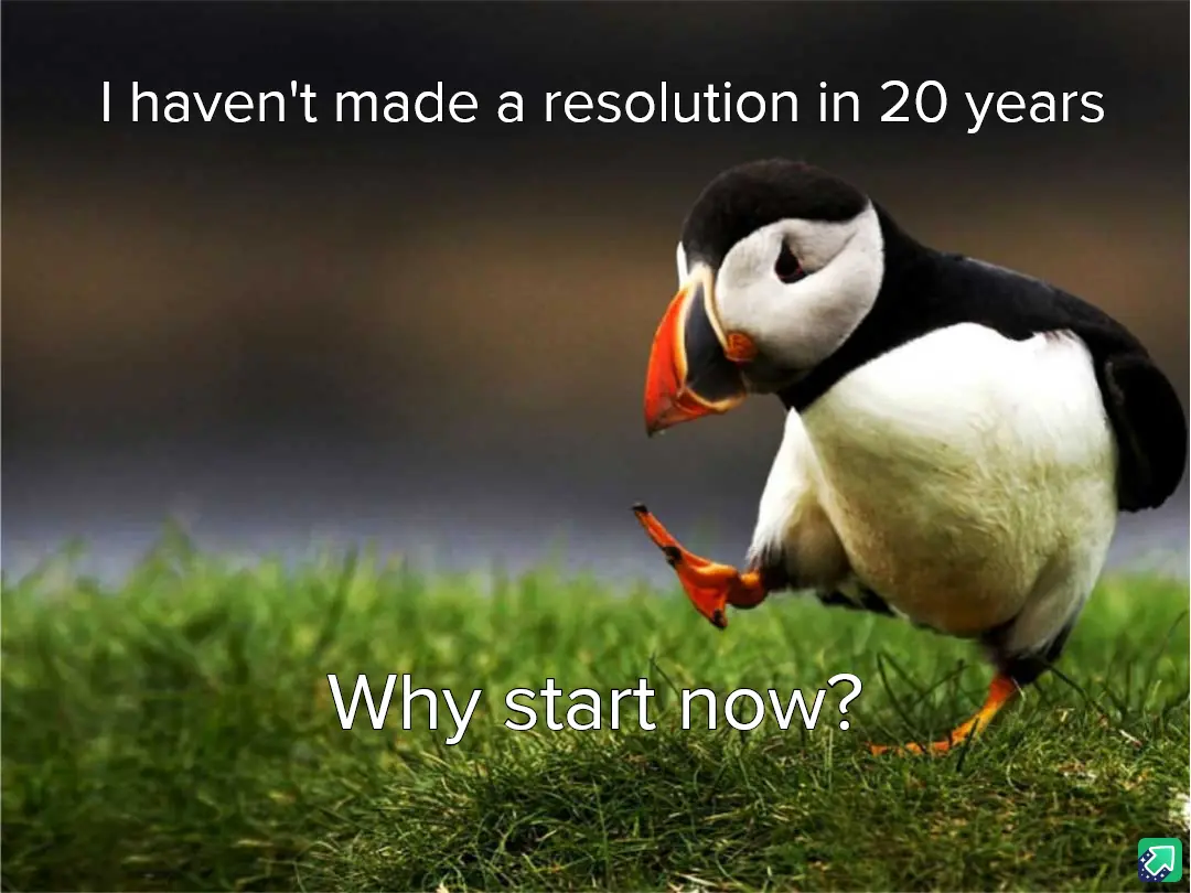 A puffin stands on green grass, looking down with one foot lifted, as if contemplating. White text at the top reads 'I…