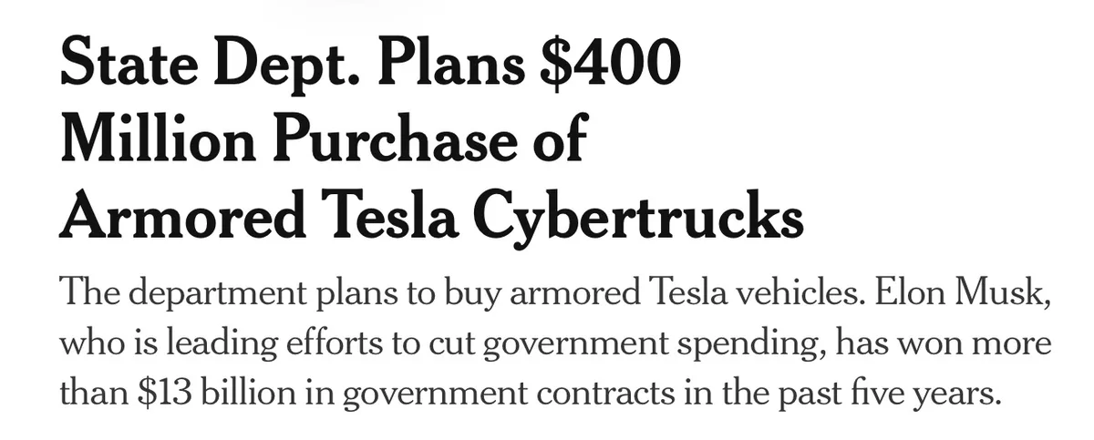 The image displays a news article headline stating the State Department plans a $400 million purchase of armored Tesla…