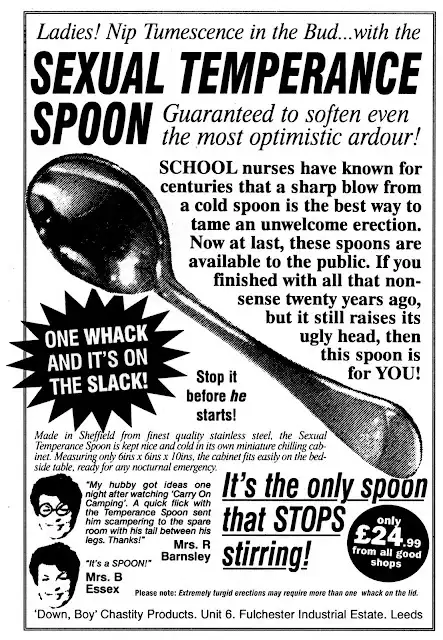 A vintage-style advertisement for a product called the 'Sexual Temperance Spoon,' which is marketed as a cold metal spoon…