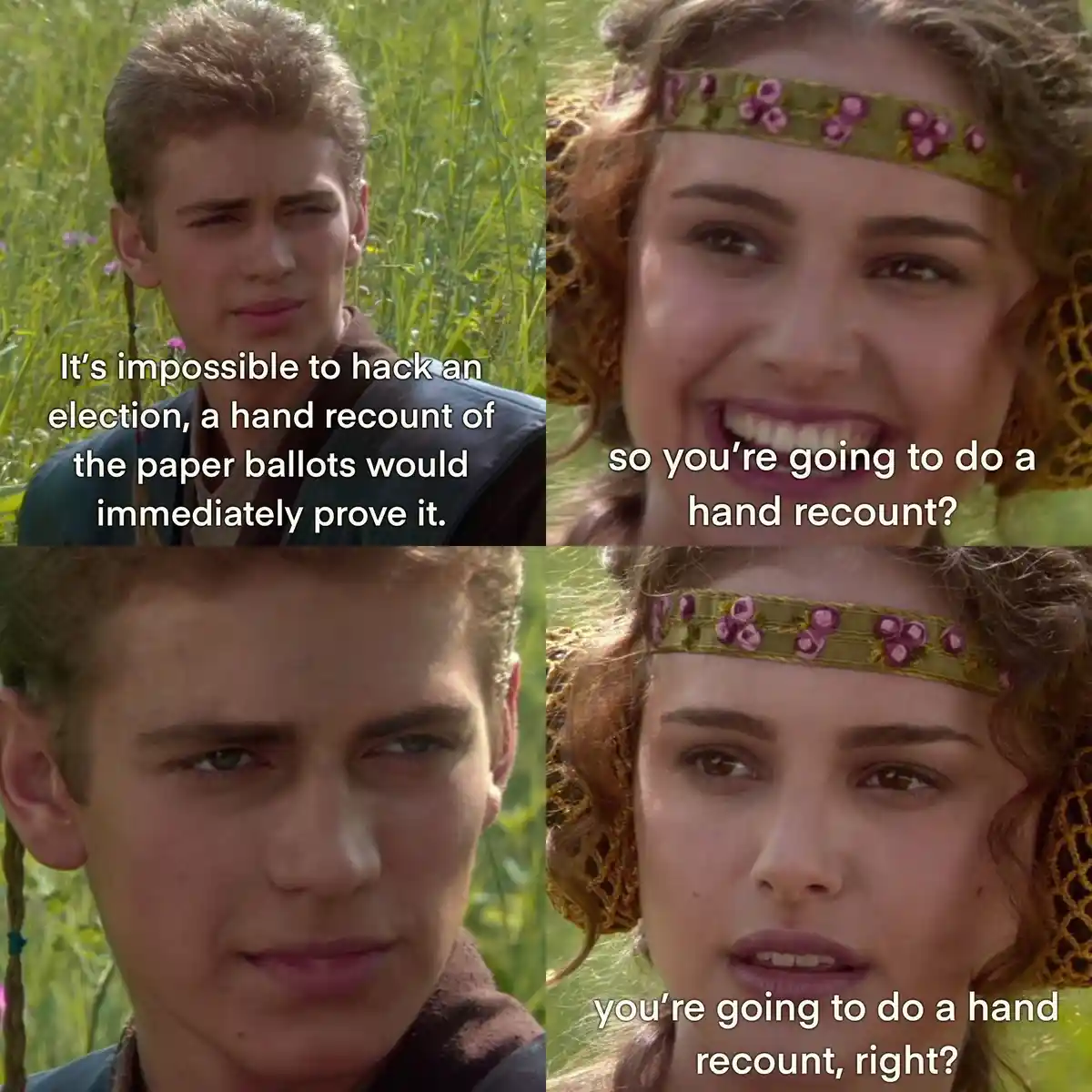 A four-panel meme featuring two characters from 'The Princess Bride'. The male character, with braided hair, first states…