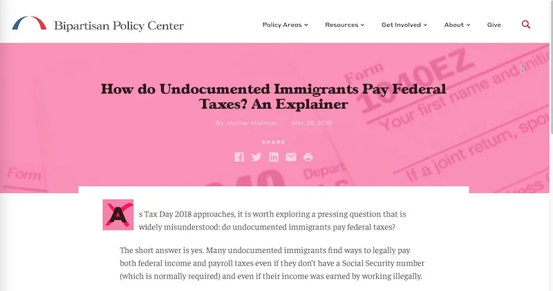 A screenshot of a Bipartisan Policy Center webpage titled 'How do Undocumented Immigrants Pay Federal Taxes? An Explainer'…