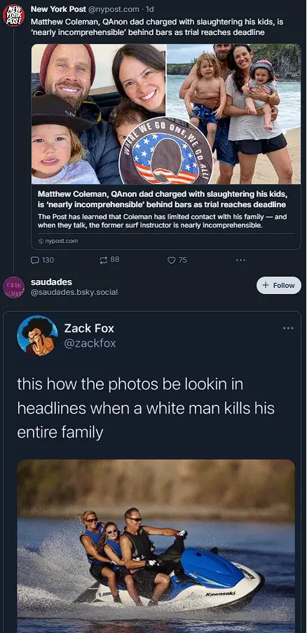 The image shows a screenshot of a New York Post article about Matthew Coleman, a white man charged with killing his…