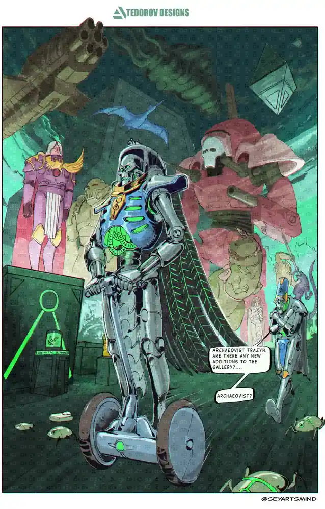 A sci-fi illustration shows a green-skinned, armored archaeologist riding a futuristic scooter through a cluttered, alien…