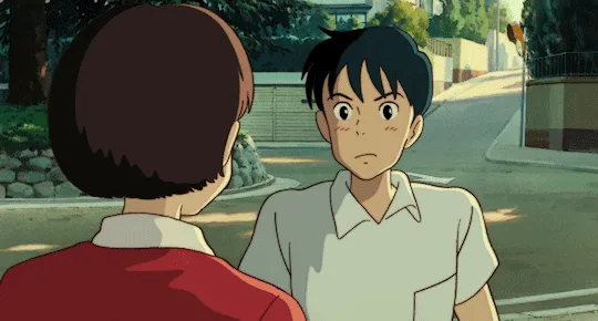 This image is a composite of six panels from the anime film 'My Neighbor Totoro,' showing a young boy in a white shirt…