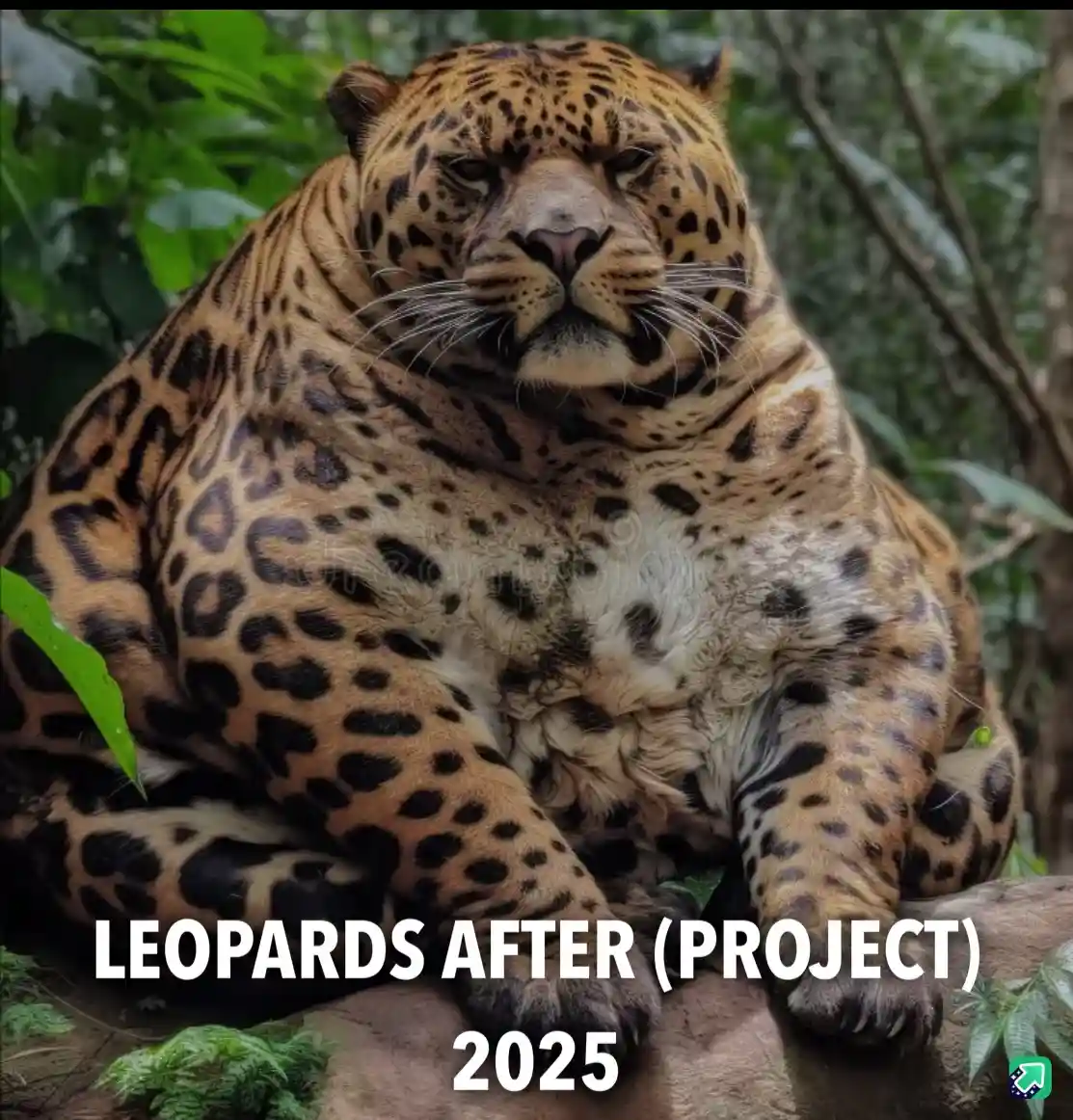 A large, overweight leopard with a very round, fluffy belly sits in a lush green forest, looking directly at the camera with…