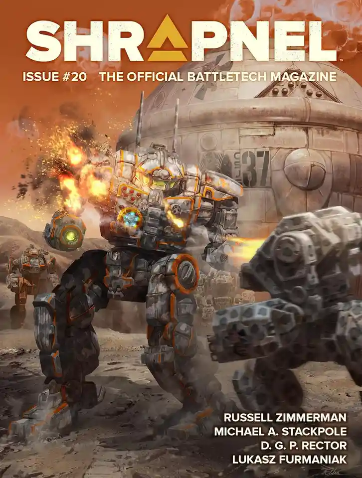 The image is a magazine cover titled 'SHRAPNEL ISSUE #20 THE OFFICIAL BATTLETECH MAGAZINE' featuring a large, heavily…