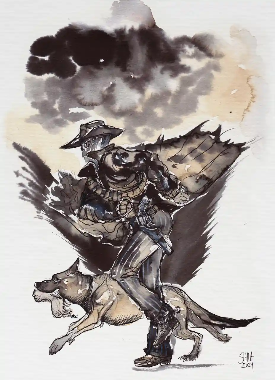 A watercolor illustration depicts a man in a cowboy hat and boots, riding a German Shepherd dog that is running with its…