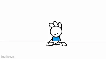 A six-panel comic strip shows a simple stick-figure character with bunny ears sitting at a table, initially calm while…