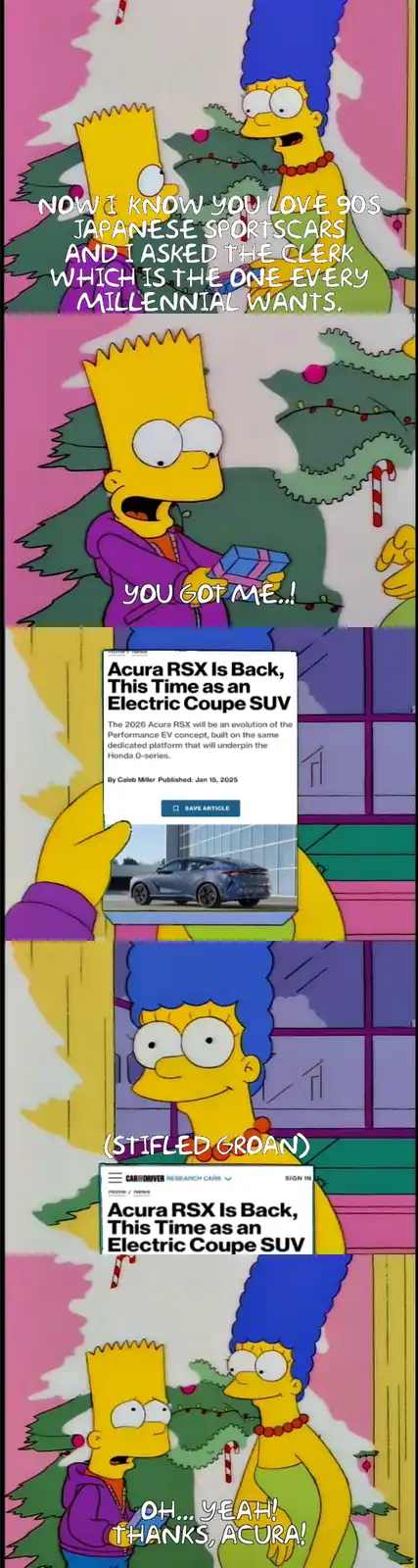 The meme uses a four-panel Simpsons scene where Marge gives Bart a gift. The text overlays show Marge asking for a 90s…