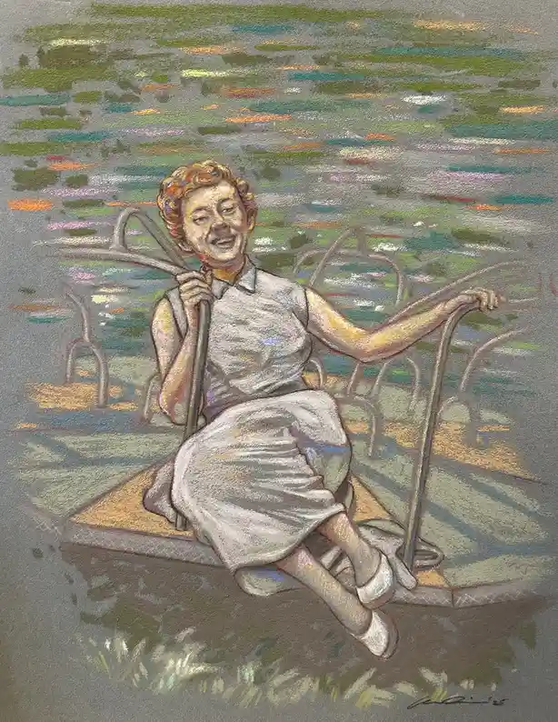 A pastel drawing shows a smiling woman in a white dress sitting on a metal bench, holding onto its bars. The background is a…