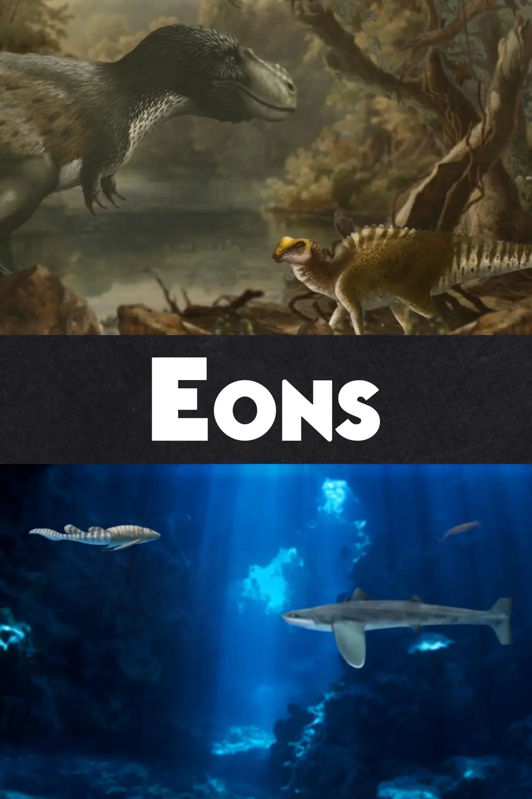 The image is split into two scenes. The top shows two dinosaurs in a prehistoric forest setting. The bottom shows two…