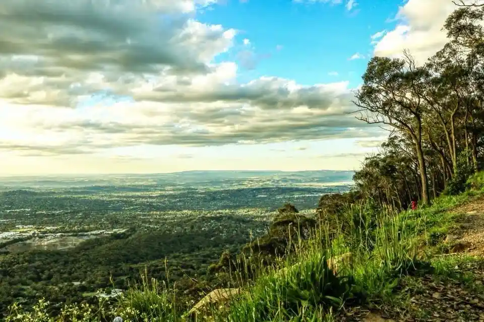 A scenic photo of a vast valley and distant hills under a partly cloudy sky, viewed from a grassy hillside with trees on the…