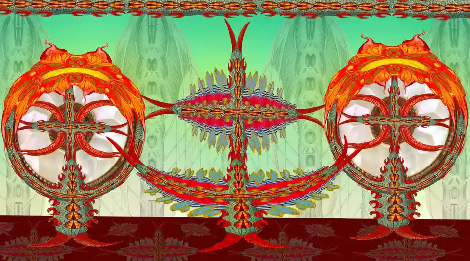 The image is a symmetrical, psychedelic fractal artwork featuring two mirrored, ornate circular structures resembling…