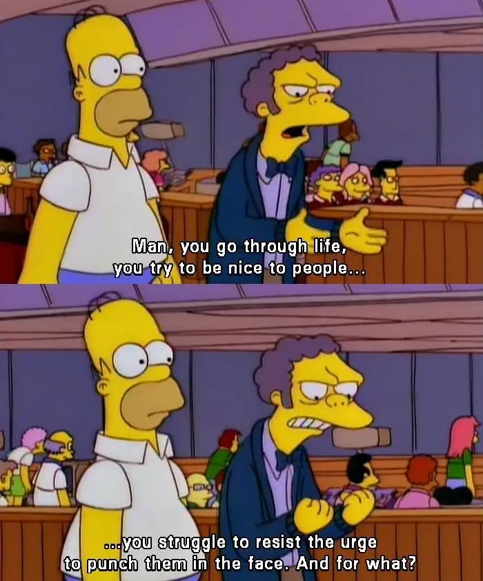 Two-panel image from The Simpsons showing a courtroom scene. In the top panel, a man in a suit (Lenny) speaks to Homer…