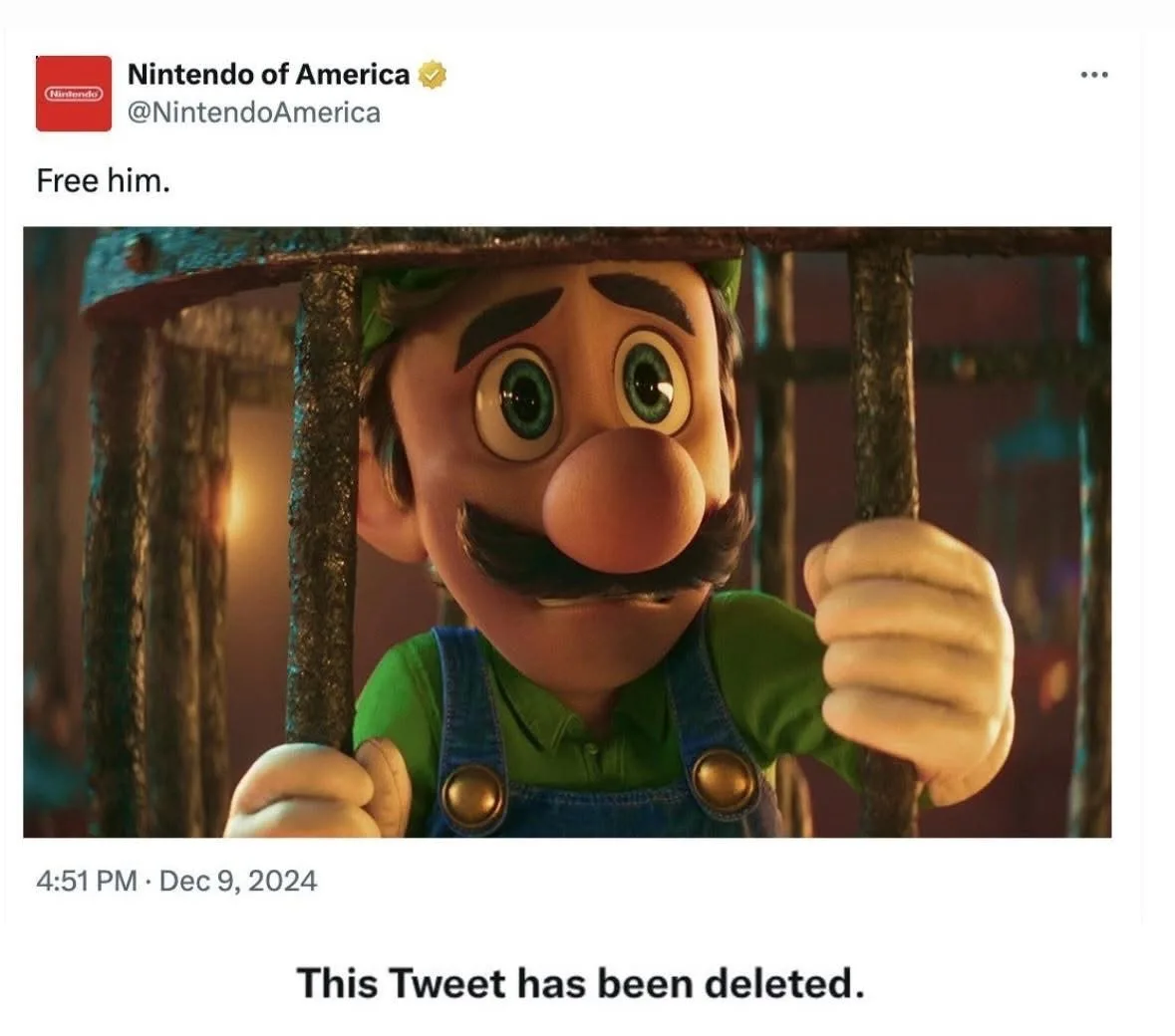 A screenshot of a deleted tweet from Nintendo of America's official account, which featured a close-up image of Luigi from…