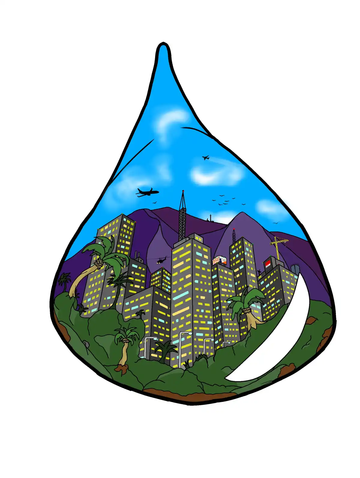 A cartoon illustration shows a miniature cityscape with skyscrapers, palm trees, mountains, and airplanes, all contained…
