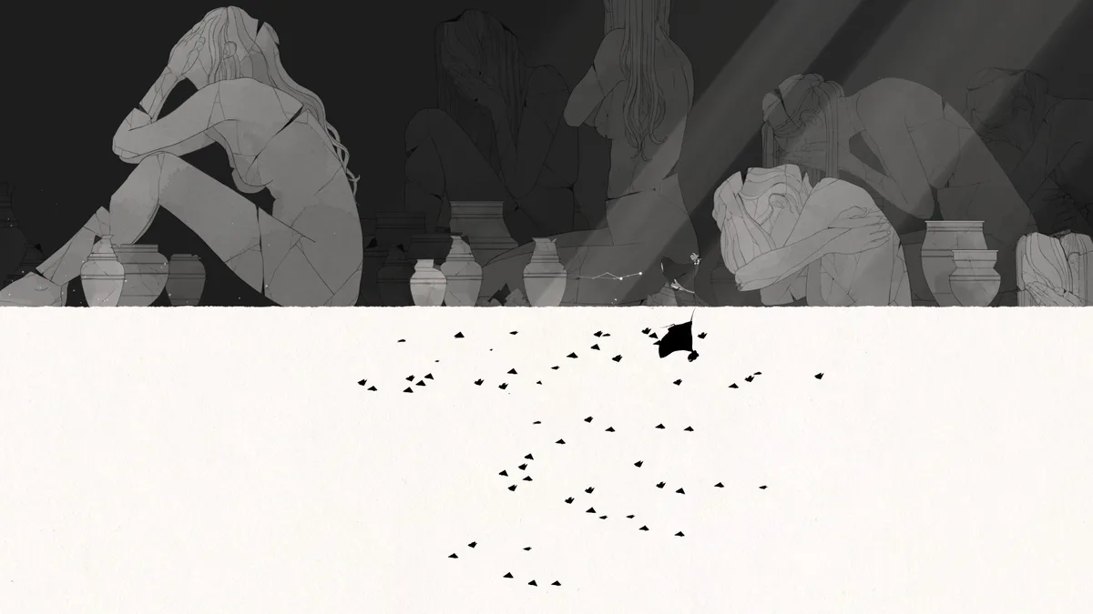 A grayscale, stylized illustration shows multiple figures in various poses of grief or despair, sitting among broken pottery…