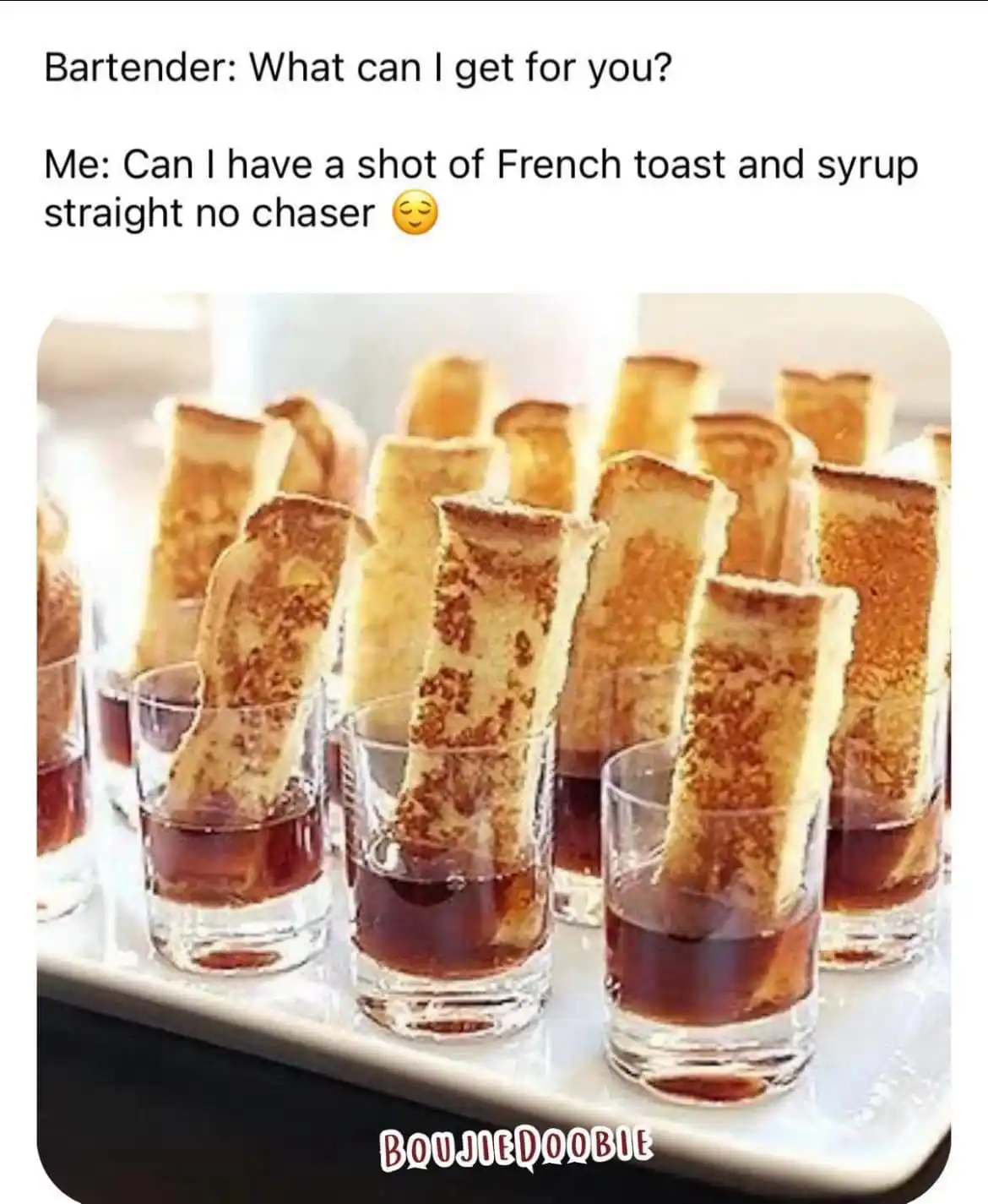 The image shows multiple small shot glasses filled with dark syrup, each holding a vertical piece of golden-brown French…