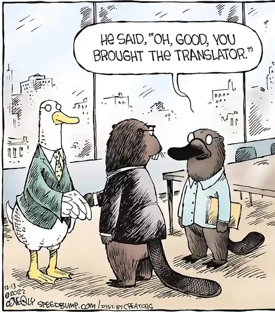 A cartoon depicts three anthropomorphic animals in an office: a duck in a suit, a beaver in a suit, and a platypus in a…