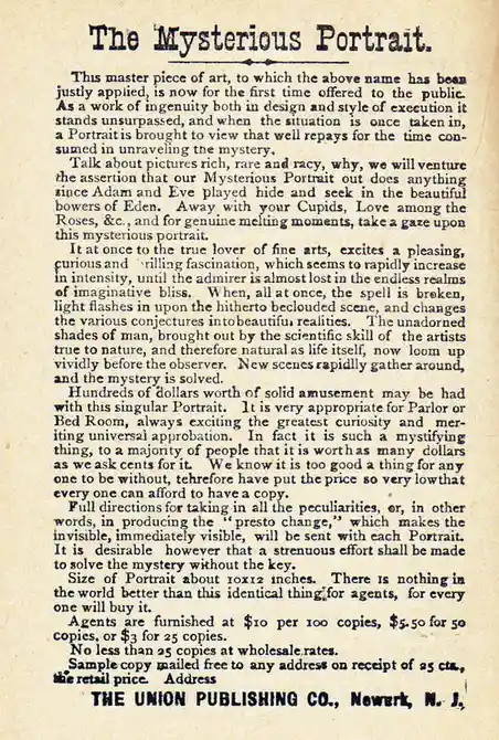 An old, yellowed printed advertisement for 'The Mysterious Portrait' from The Union Publishing Co., Newark, N.J., featuring…