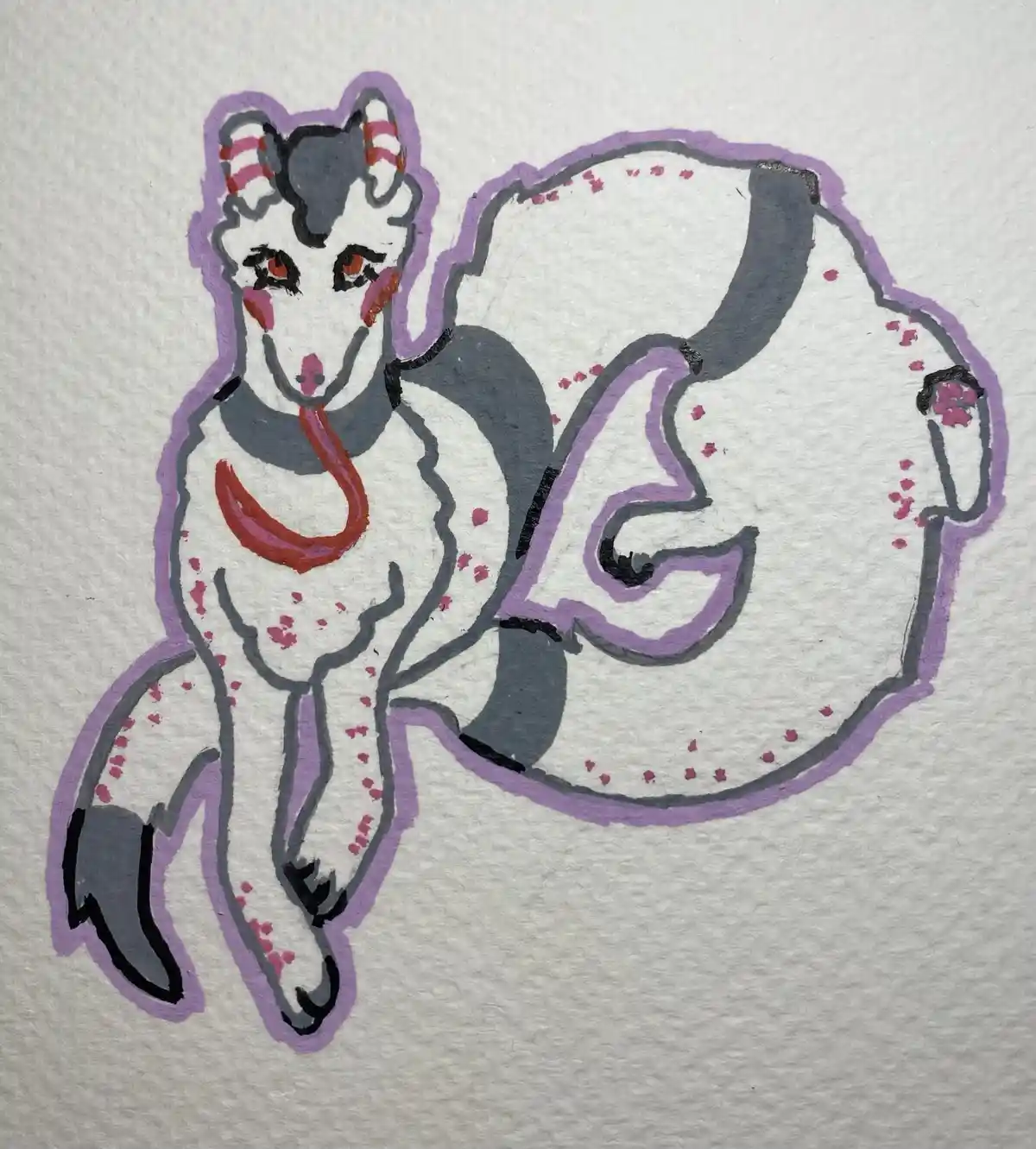 A hand-drawn cartoon illustration on textured white paper shows a stylized dog-like creature with a large, round…