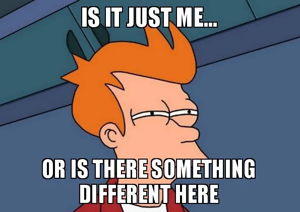 The image shows the animated character Fry from Futurama, looking sideways with a confused expression. White bold text…