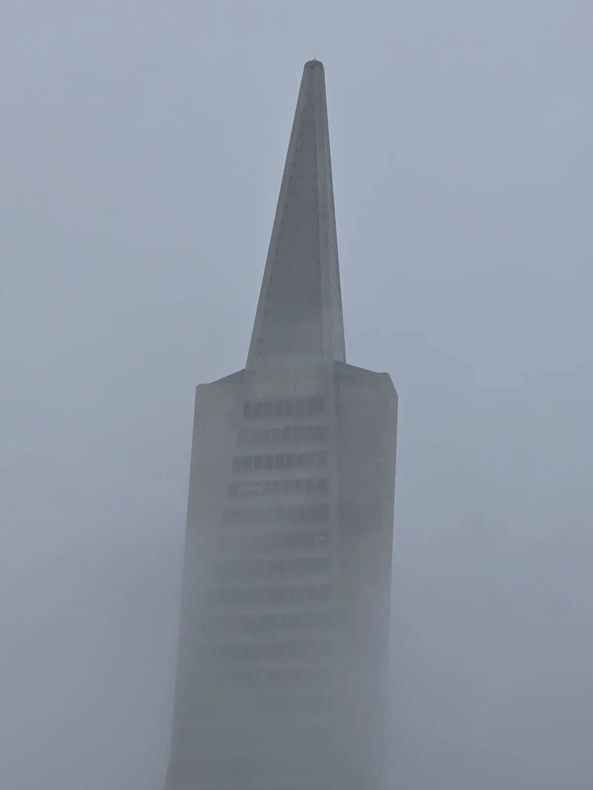A tall, pyramid-shaped skyscraper, identified as the Transamerica Pyramid, is partially obscured by thick fog, with only its…