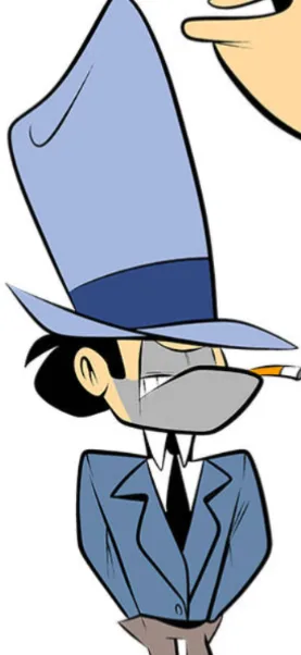 a cartoon man in a blue suit and tall blue hat with a cigarette in his mouth, looking up at a disembodied hand pointing at…
