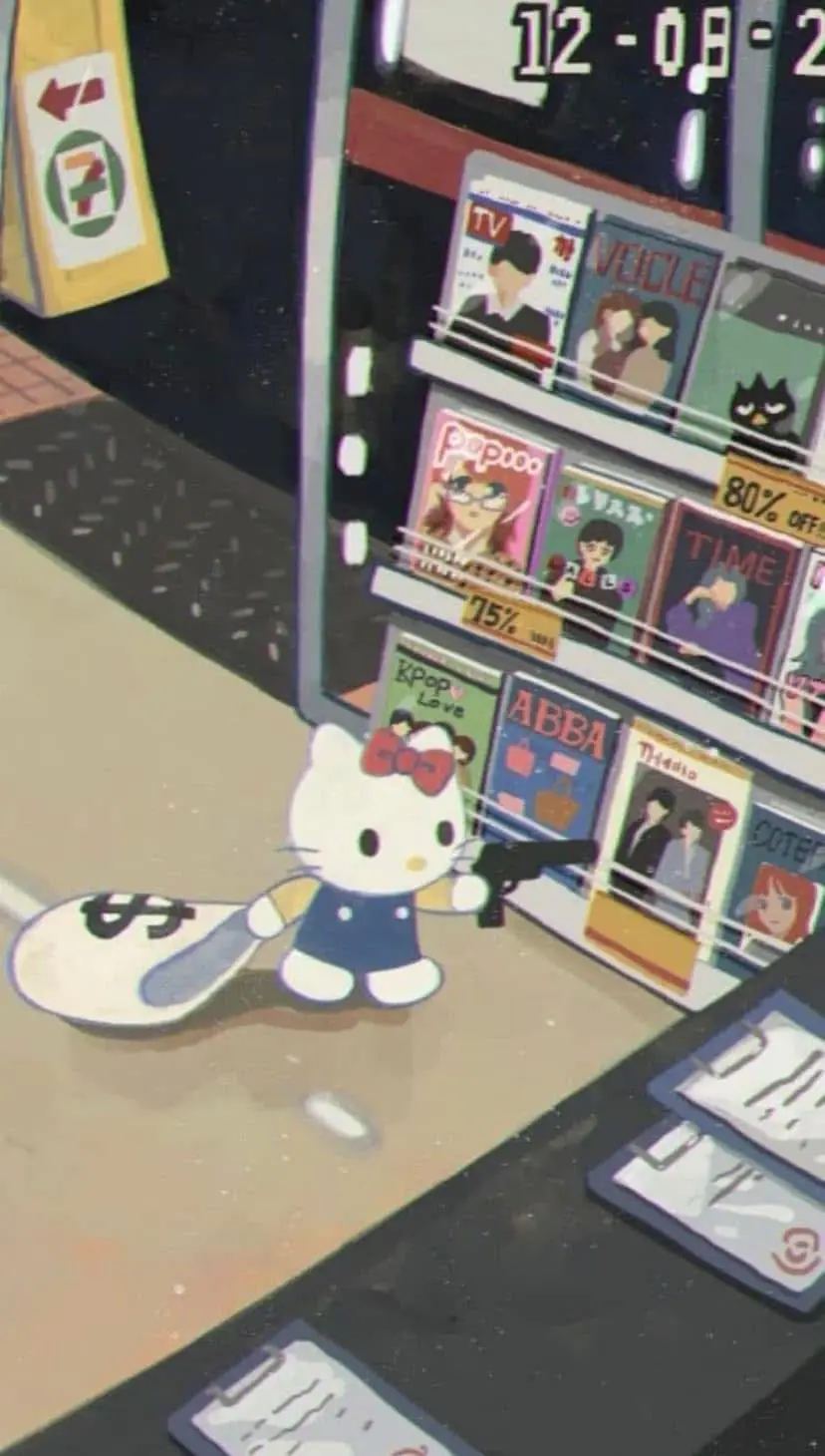 An anime-style illustration shows Hello Kitty in a blue outfit holding a black handgun and a white money bag with a dollar…