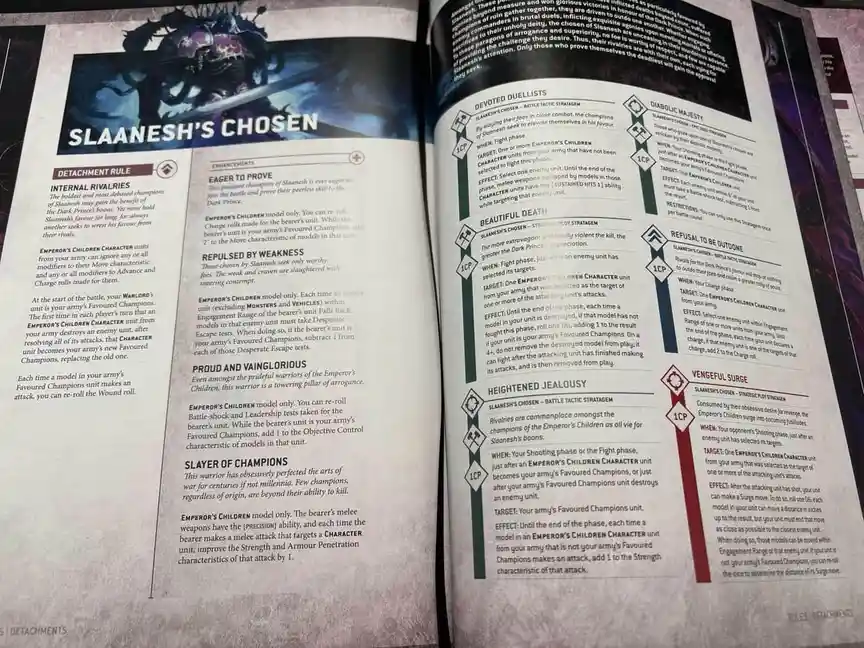 A close-up photo of a Warhammer 40,000 rulebook page titled 'SLAANESH'S CHOSEN' showing various stratagems for Emperor's…