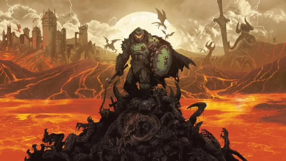 A heavily armored, glowing-eyed warrior stands atop a pile of skulls and bones in a fiery, apocalyptic landscape with a…