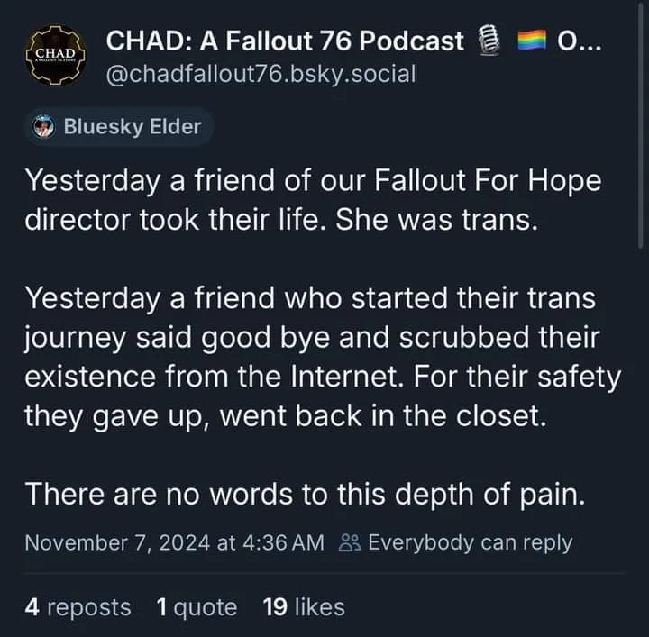 A screenshot of a Bluesky social media post from 'CHAD: A Fallout 76 Podcast' dated November 7, 2024, announcing the death…