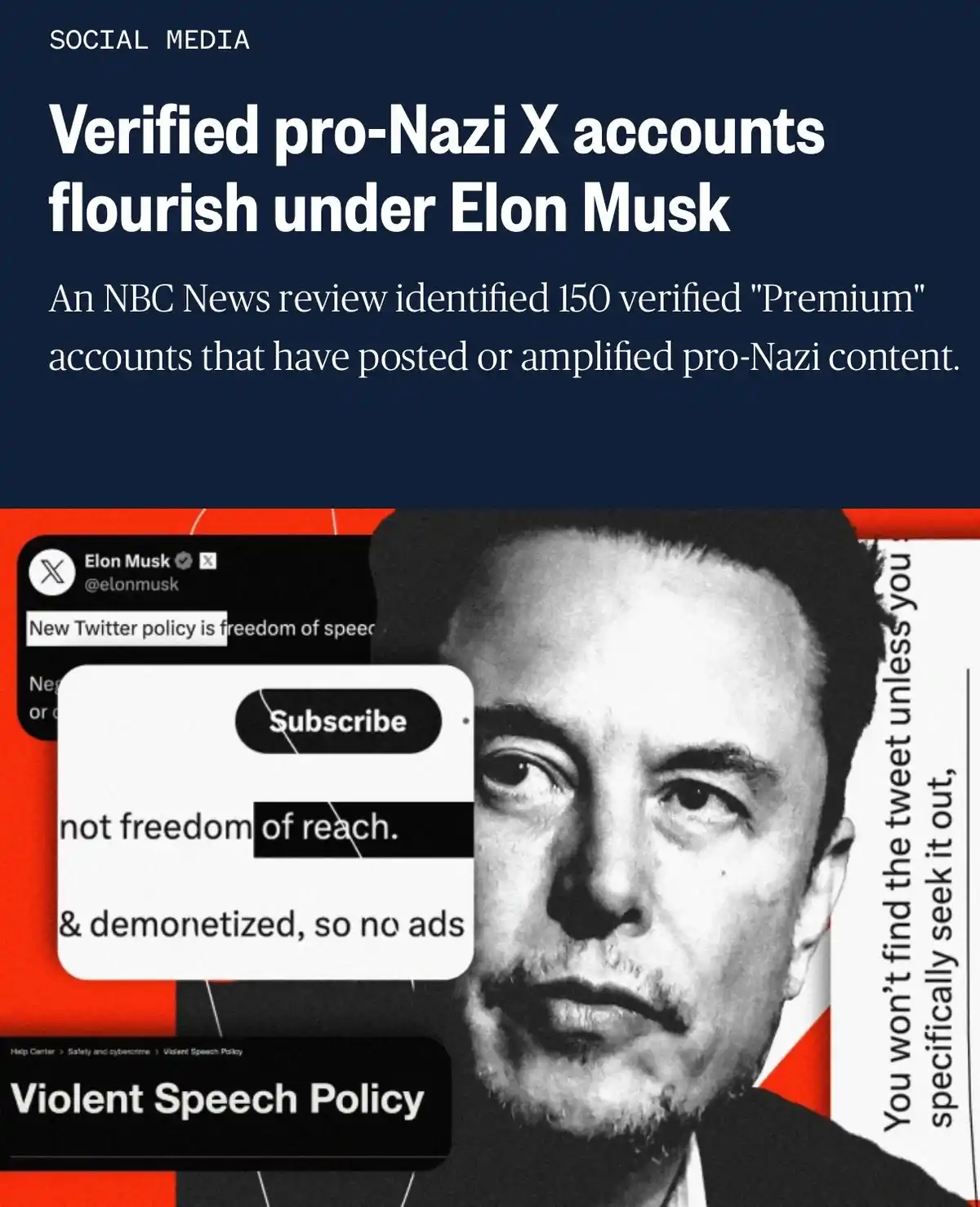 The image is a meme combining a news headline about verified pro-Nazi accounts on X under Elon Musk with a black-and-white…
