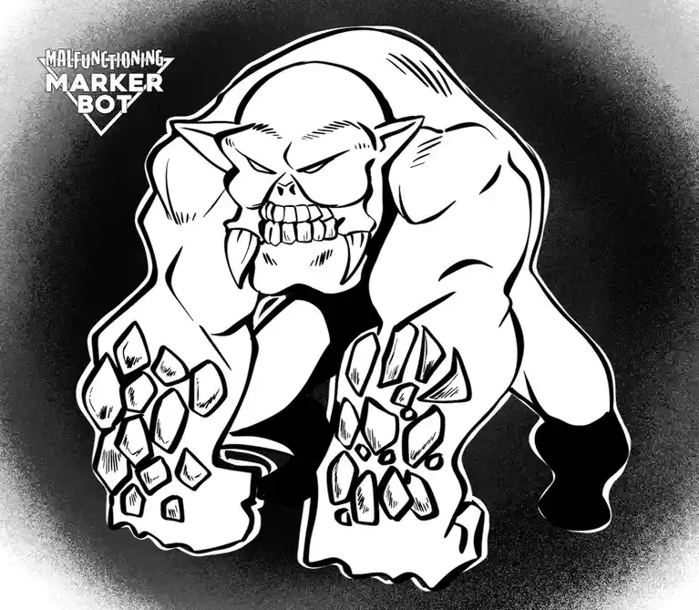 A black-and-white cartoon drawing of a muscular, angry, horned demon-like creature with a skull face, sharp teeth, and…