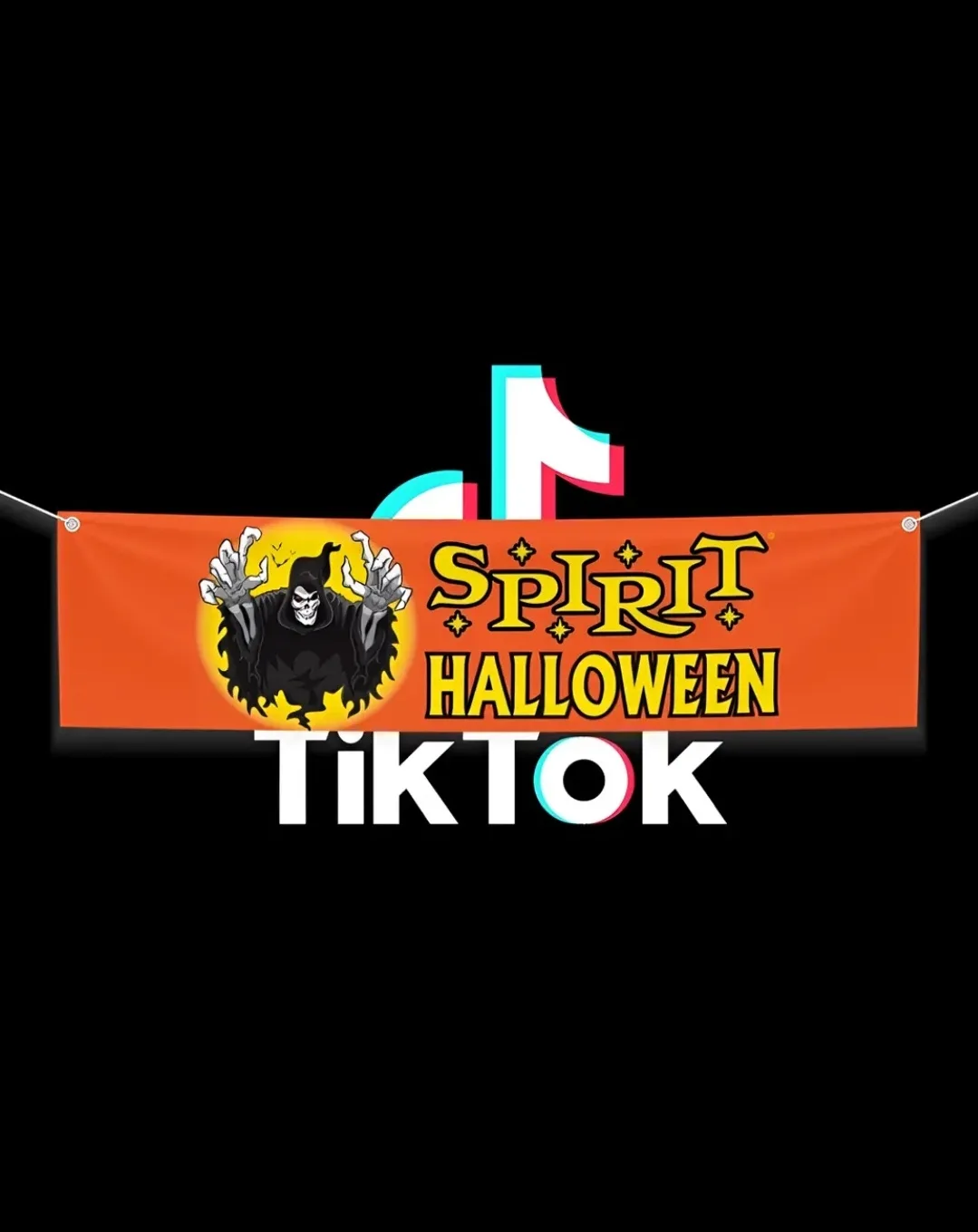 An orange banner with a cartoon grim reaper and the text 'SPIRIT HALLOWEEN' is overlaid with the TikTok logo and the word…