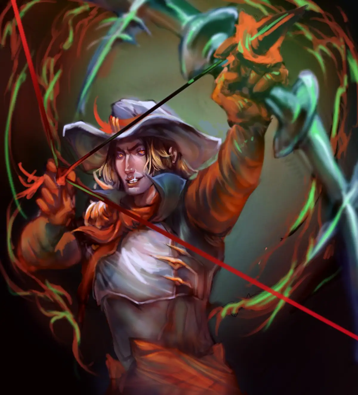 A digital painting depicts a fantasy archer with glowing orange eyes and a wide-brimmed hat, drawing a bow with red and…
