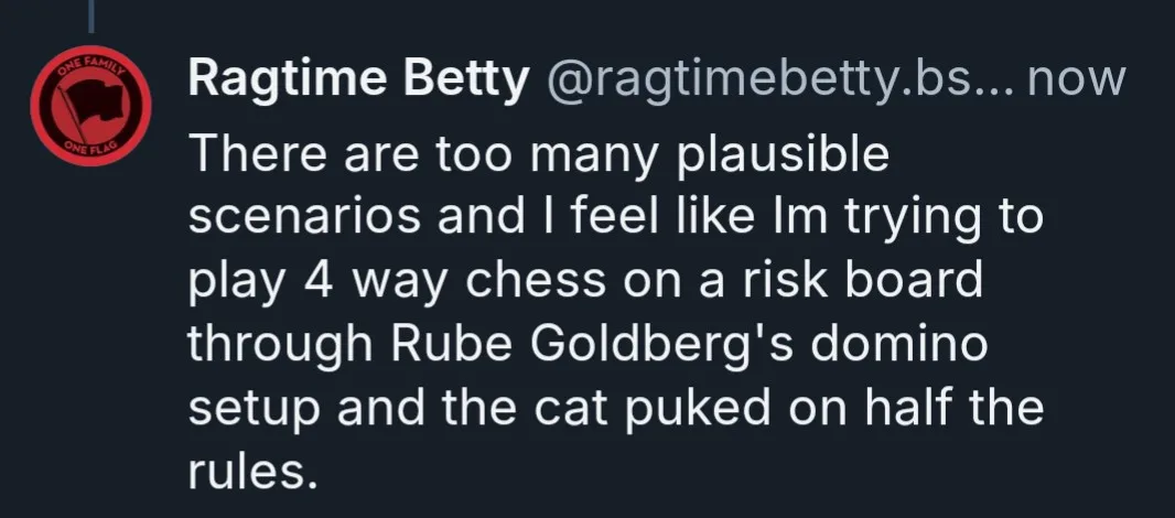 The image displays a screenshot of a tweet from 'Ragtime Betty' with a dark background and white text. The tweet humorously…