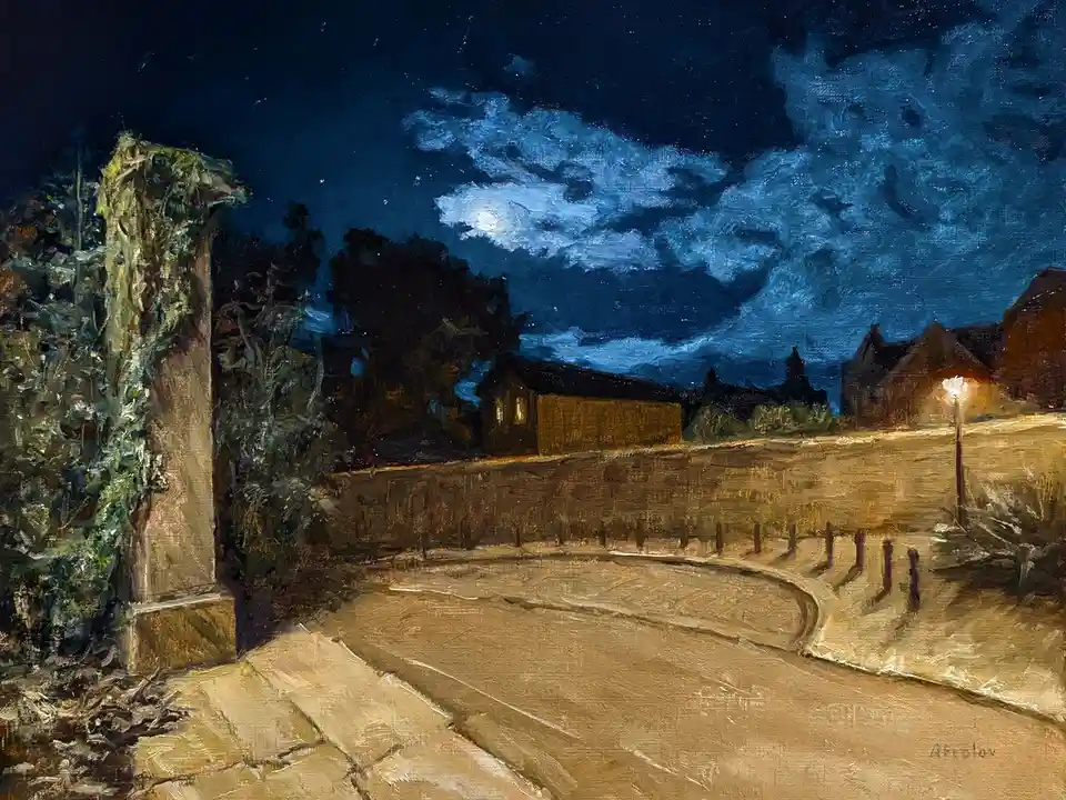 An oil painting depicts a quiet, moonlit night scene with a stone path curving toward houses under a starry, cloudy sky. A…