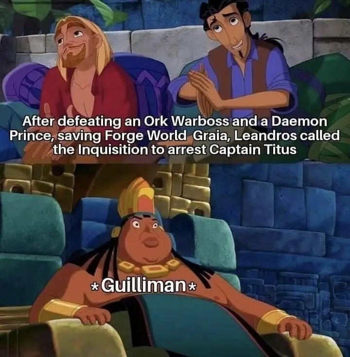 The image is a two-panel meme using characters from Disney's 'The Emperor's New Groove'. The top panel shows two men, Kuzco…