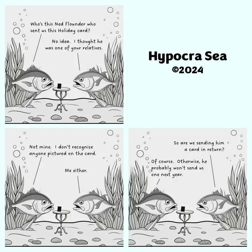 Three panels show two cartoon fish underwater, sitting at a small table with a holiday card on it. They discuss not…