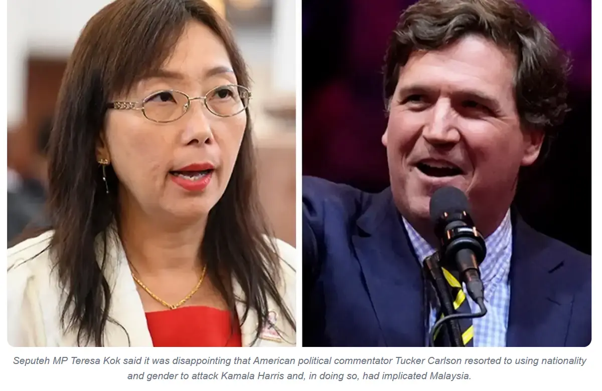 The image displays two side-by-side photos: on the left, Malaysian politician Teresa Kok wearing glasses and a white jacket…