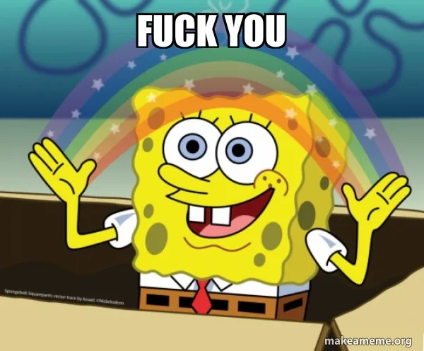 The image shows the animated character SpongeBob SquarePants smiling broadly with both arms raised in a welcoming gesture. A…