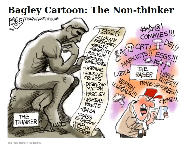A black-and-white political cartoon depicts a calm, seated 'Thinker' holding a scroll listing global crises like 'climate…