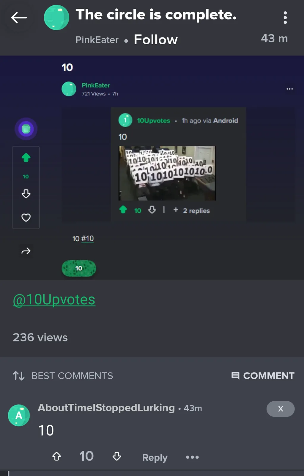 A screenshot of a social media interface shows a user named PinkEater posting a video with the number '10' overlaid. The…