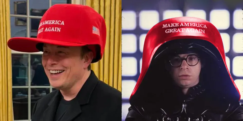 The image is a side-by-side comparison. On the left, Elon Musk smiles while wearing a red 'MAKE AMERICA GREAT AGAIN' cap. On…