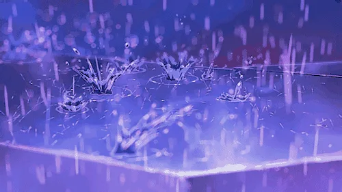six panels show raindrops falling into a shallow, purple-tinted pool of water, each impact creating a crown-shaped splash…