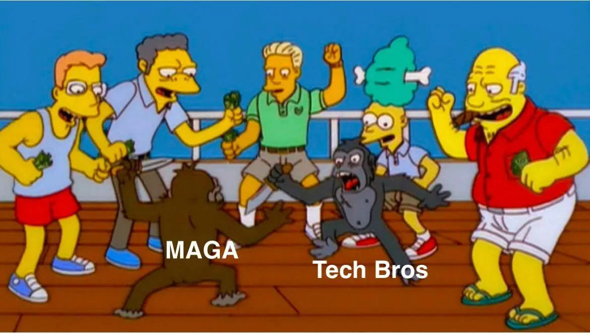 A scene from The Simpsons shows several male characters on a boat deck, holding money and cheering while two apes are…